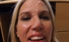 Adding the fourth cum to her face for the night