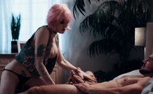 Pink Haired Shemale Lets Her Sad Stepbrother Fuck Her Ass