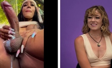 Horny lady watches transgender jerking