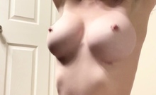 Busty curly brunette with big boobs fucks on couch