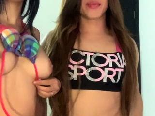 Tranny with Big Tits Jerking Off her Big Cock